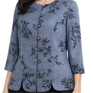 Miss Dorby Women Blue Floral Button-Down Blouse Size Medium Round Neck